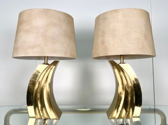 Fantastic Vintage 1980s Modern Pair Of Brass Table Lamps With Shades