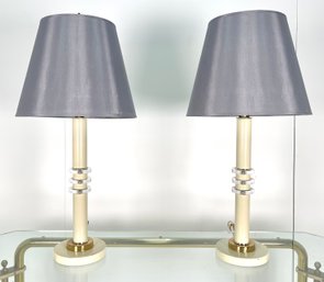 Vintage 1980s Metal & Lucite Rings Pair Of Table Lamps With Shades