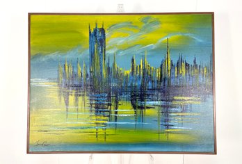 Vibrant 1960s Cityscape Skyline Modern Art Painting, Signed