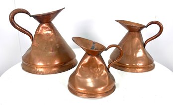 Antique Imperial Copper Graduated Pitchers, Set Of 3 - Gallon, 1/2 Gallon & Quart