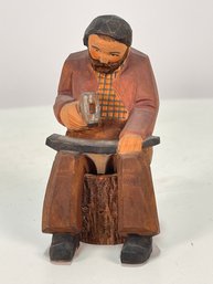 Vintage Hand Carved Wood Blacksmith Sculpture, Possibly German