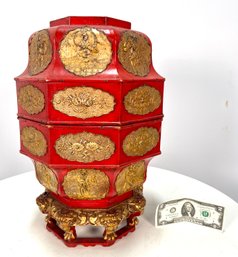 Vintage Chinese Red Lacquer & Gold Gilt Box