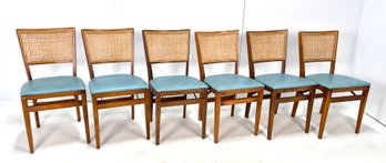 Mid Century Retro Set Of 6 Vintage Blue Vinyl & Cane STAKMORE Wood Folding Chairs
