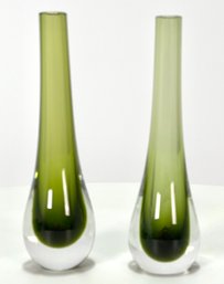Incredible Pair Of Mid Century Modern Murano SOMMERSO Green Glass Vases