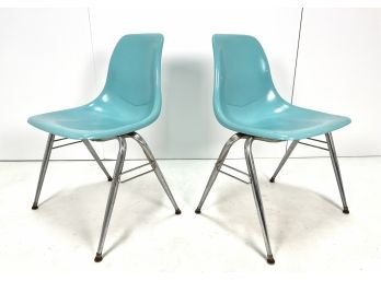Pair Of  Teal Color Vintage Mid Century 1960s Retro Fiberglass Stacking Shell Chairs