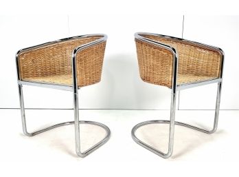 Pair Of Vintage Cantilever Chrome & Rattan Chairs In The Style Of Harvey Probber