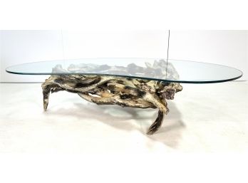 Vintage Mid Century Driftwood Base Coffee Table With Boomerang Shaped Glass Top
