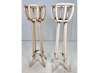 Vintage Mid Century Pair Of Rattan Bamboo Tall Plant Stands
