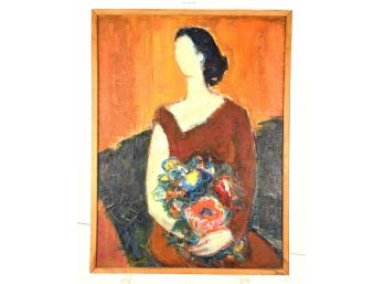 Vintage Framed Painting - Faceless Woman With Flowers Oil On Board