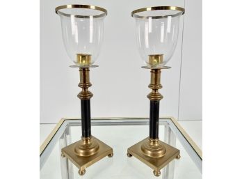 Vintage Brass And Glass Pair Of Hurricane Shade Candlesticks