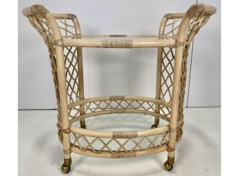Vintage Mid Century Rattan And Glass 2 Tier Bar Cart