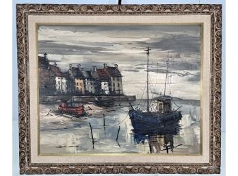 Vintage Mid Century Harbor Scene Painting By Listed Artist M. Edward Griff
