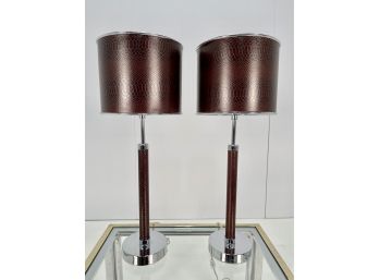 Contemporary Pair Of Chrome And Faux Snakeskin Table Lamps