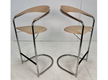 Vintage Pair Of Chrome And Stitched Leather Italian Bar Stools