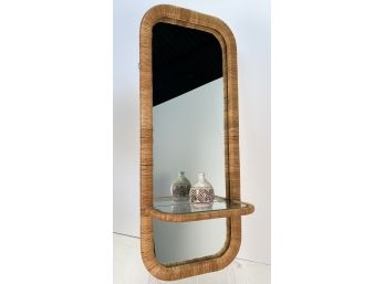 Vintage 1970s Rattan Wrapped Entryway Wall Mirror With Shelf Console