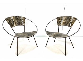 Vintage Mid Century Modern Pair Of Wrought Iron Hoop Chairs With Leopard Upholstery