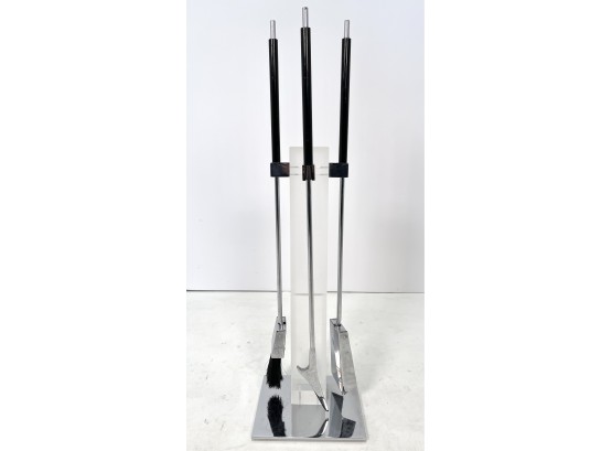 1970s Alessandro Albrizzi Fireplace Tool Set Lucite & Polished Steel With Black Acrylic Handles