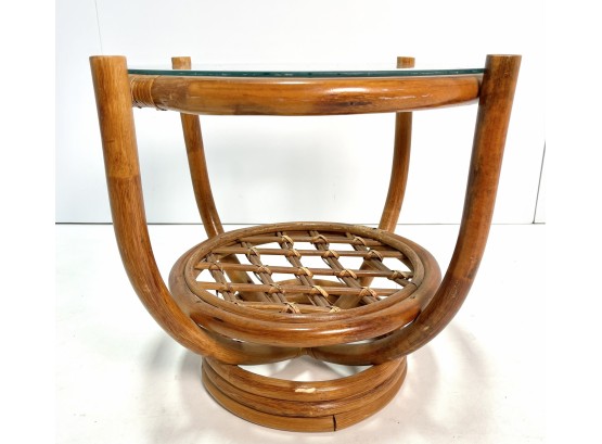 Vintage 1970s Rattan Small Glass Top Table / Stand