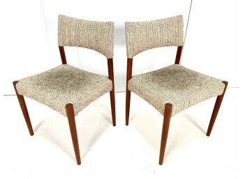 Pair Of Mid Century Modern Vintage Danish Teak Side Chairs, Boucle Fabric