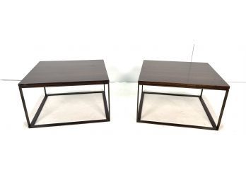 Contemporary Pair Of Brass Or Bronze Flat Bar Table With Wood Tops
