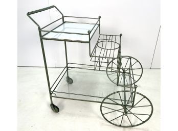 Mid Century Modern Metal Bar Cart Trolley Milk Glass Top Tier Surface
