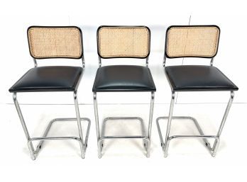 Set Of 3 Vintage Cane And Chrome Marcel Breuer Cesca Style Bar Counter Stools Made In Italy