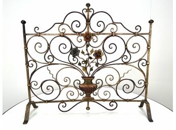 Vintage French Style Wrought Iron Fire Screen With Roses