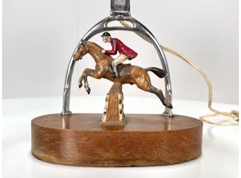 Vintage Wood & Metal Equestrian Horse & Rider Table Lamp