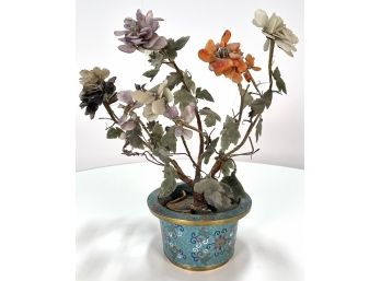 Beautiful Antique Chinese Jade Tree With Semi Precious Gemstone Flowers In Cloisonne Planter #1