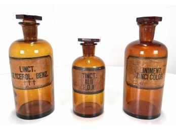 Set Of 3 Antique Amber Apothecary Glass Jars