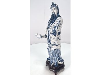 Vintage Chinese Blue & White Warrior Figure On Wood Base