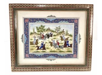 Beautiful Vintage Persian Hand Painted Art In Inlaid Frame, Signed.