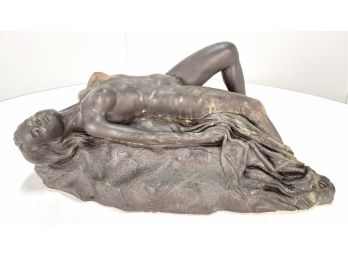 Vintage Reclining Nude Woman On Rock Heavy Plaster Sculpture, Signed W. Brignote