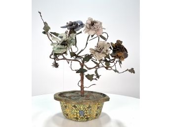 Antique Chinese Jade Tree With Semi Precious Gemstone Flowers In Cloisonne Planter #2