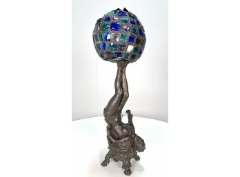 Art Deco Metal Flapper Woman With Chunky Glass Multi Color Globe