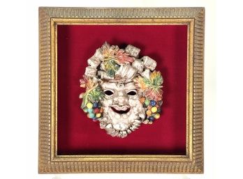 DELLA ROBBIA. Vintage Majolica Relief Face Plaque Mounted On Red Velvet Shadowbox Frame.