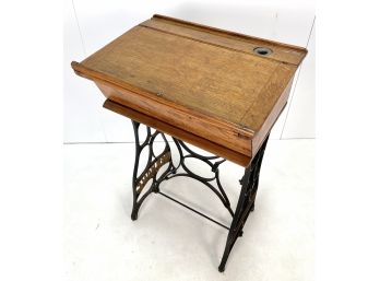 UPCYCLED. Antique Desk. New Home Sewing Machine Base & School Desk Top Get Married.