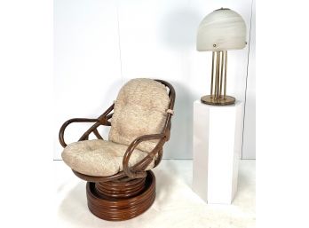 Vintage 1980s Paul Frankl Style Bent Rattan Swivel And Tilt Lounge Chair