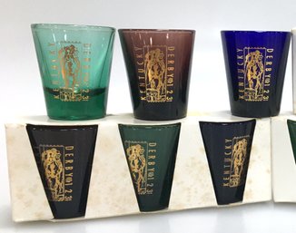 6 - Kentucky Derby 123 Shot Glasses - Colored Glass W/Gold Imprint (New Old Stock) Set#1