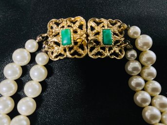 Vintage Sarah Conventry Necklace Double Strand Faux Pearls & Jade Clasp (LB31)