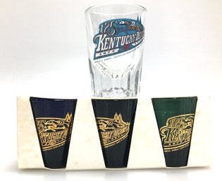 Kentucky Derby 125  (1999)  3 Shot Glasses Colored Glass W/Gold Imprint (New Old Stock) 1 Clear
