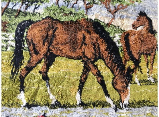 Vintage 1960's Tapestry Of Horses Grazing W/colt At A Spring Stream ITALY