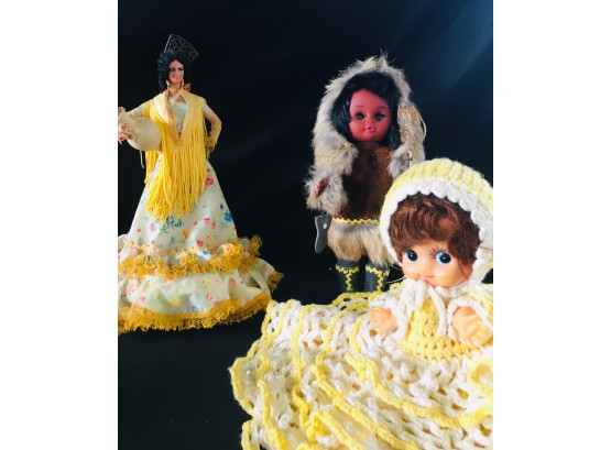 3 VTG Dolls - TMB Kewpie W/hair Dress & Hat, Eskimo Fishing Girl In Fur, Dancing Seorita