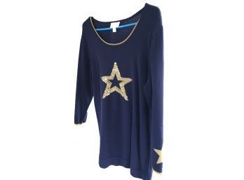 Sz M Quacker Factory Blue Sweater With Gold Trim & Sequin Stars