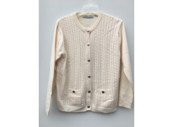 Sz MP- Metal Button Up Ivory Cable Sweater 2 Pockets BY: Morsly (S22)