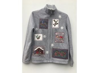 Sz PM - Croft & Barrow Fleese Zipup Christmas Jacket - Embroidery Patch Accents (S3)