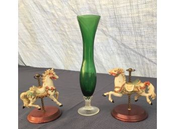 VTG Green Bud Vase With Twisted Stem - 2 Carousel Horses