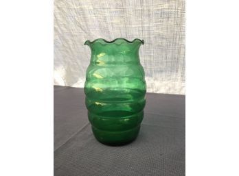 Vintage Anchor Hocking Forest Green Glass Ribbed Bee Hive Style With Ruffled Rim