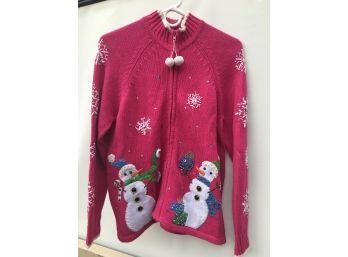 Sz S - Pink And Pretty  Christmas Sweater Zip Up Front - Snowman- Snowflakes