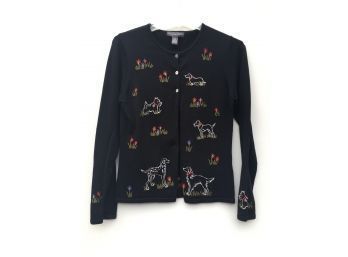 Sz SP - Embroidery Dogs On Black Button Up Lightweight Sweater NWOT BY: Northern Isles (S24)